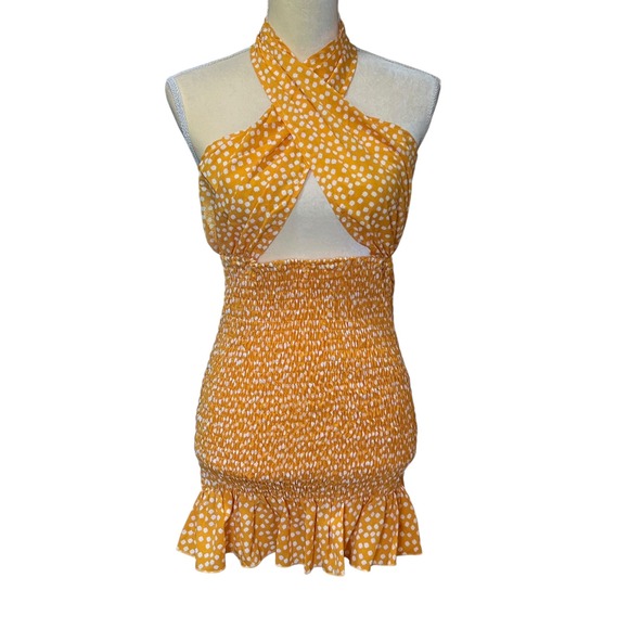 SHEIN Halter Mini Dress Cutout Smocked Ruffle Yellow‎ White Floral XL Stretch - Picture 1 of 16